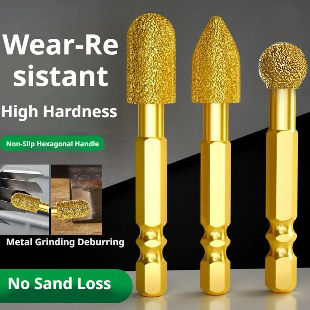 3Pcs/Set Diamond Grinding Head Tile Rotary File Polishing Head for Iron, Stainless Steel, Ceramic, Tile, Fits Drill