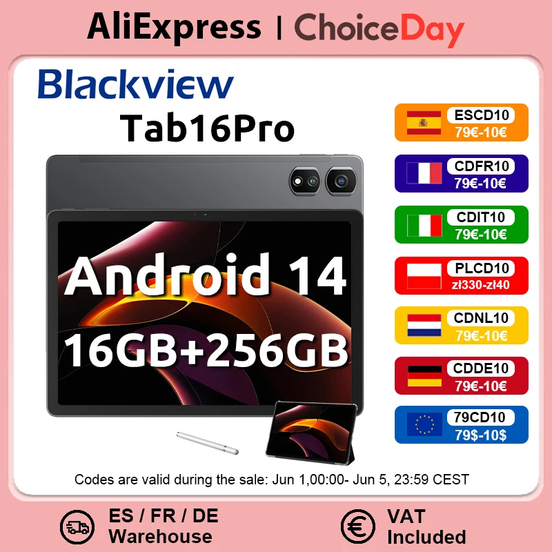 Blackview Android 14 Tab 16 Pro 11 Zoll Touch Tablet 2K Bildschirm 16 GB + 256 GB 4G LTE + 5G WiFi