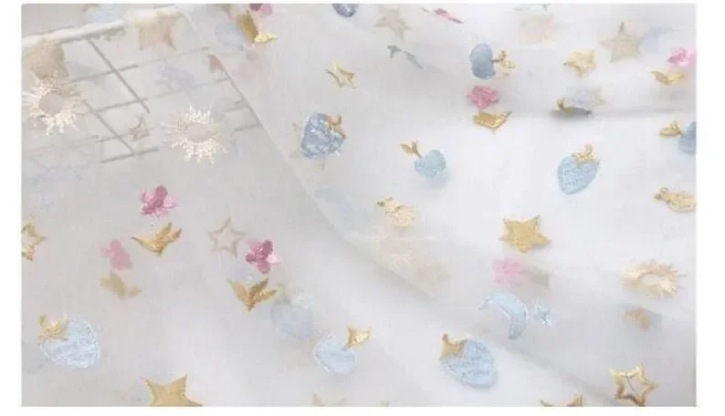 1 Yard Star moon Fruit Embroidery Lace Fabric Gold moon Star Floral Tulle For Tutu Dress, wedding dress, prom dresses 51