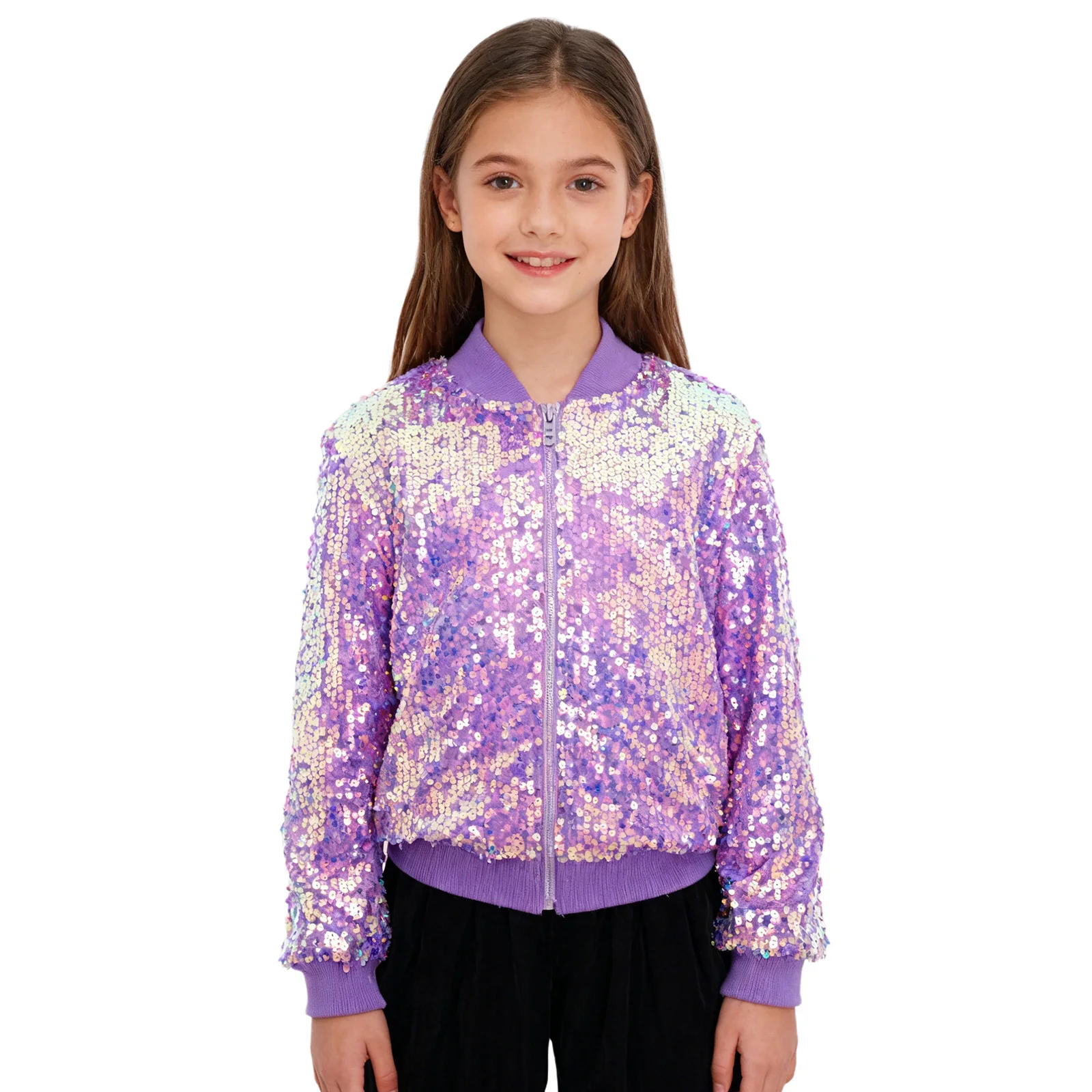 

Kids Girls Jazz Hip-hop Dance Tops Long Sleeve Zipper Sparkling Sequin Jacket Coat with Pockets for Stage Performance Streetwear