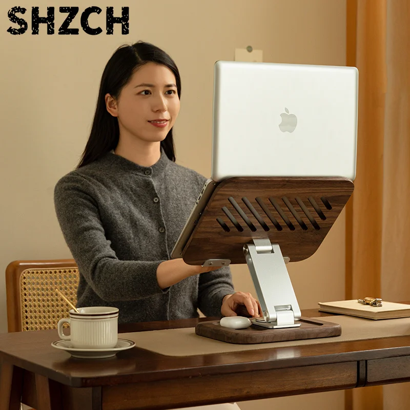 Solid Wooden Laptop Stand Holder 360° Rotation Adjustable Height Macbook Holder Stand Laptop Riser Rack FAS Grade Black Walnut