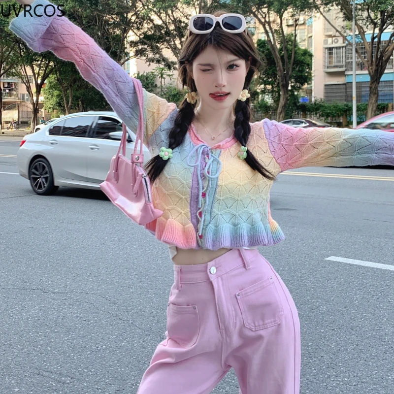 Harajuku Y2k Rainbow Knitted Cardigan Women Kawaii Lace-up Hplloow Out Ruffle Flare Long Sleeve Sweater Coat Casual Knitwear Top