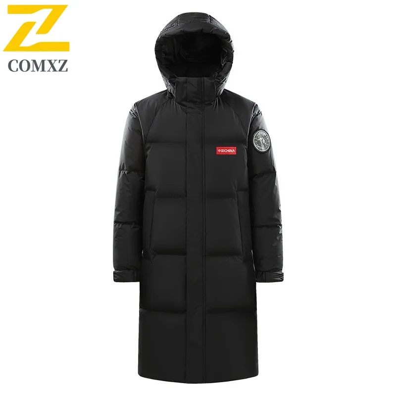 

COMXZ High Quality Men Down Jacket Casual Hooded Outdoor Adventure Warm Parka Solid Color Design Lightweight Winter Down Coat