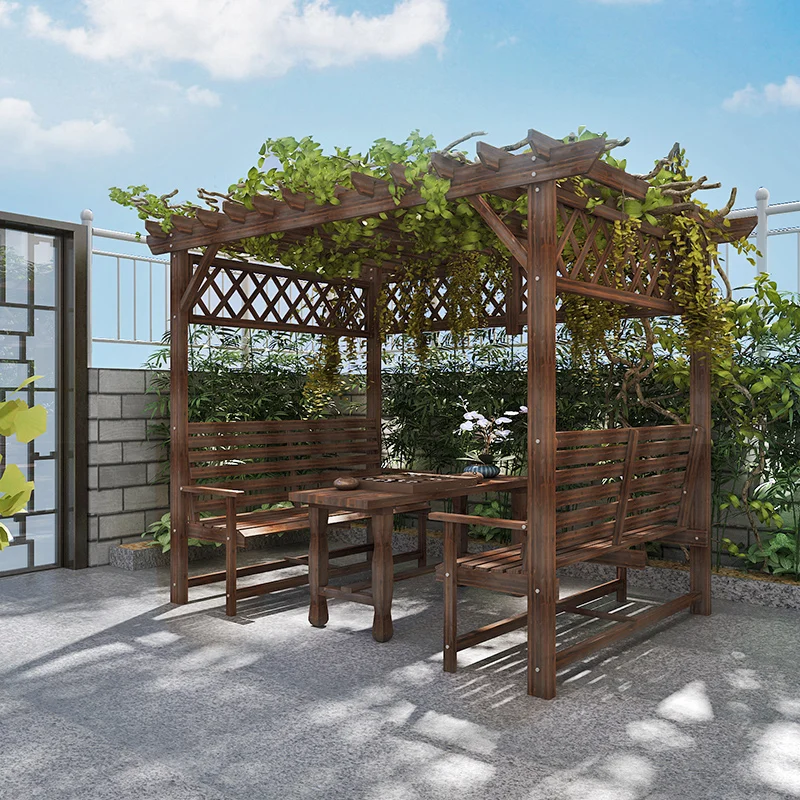 

Outdoor courtyard preservative wood grape rack solid wood with table and chair gazebo awning outdoor garden villa B & B wooden h