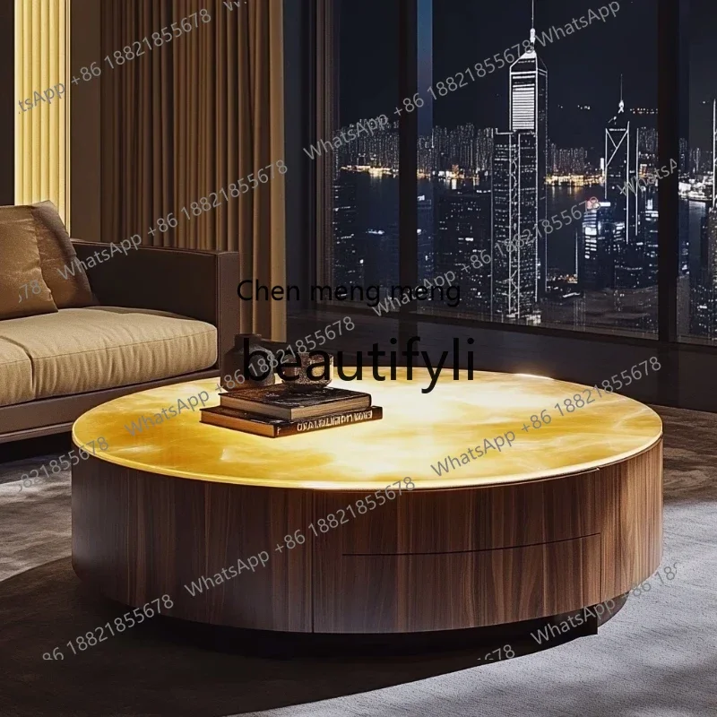 

GLuminous jade luxury stone round coffee table natural marble modern high-end Italian minimalist villa living room coffee table