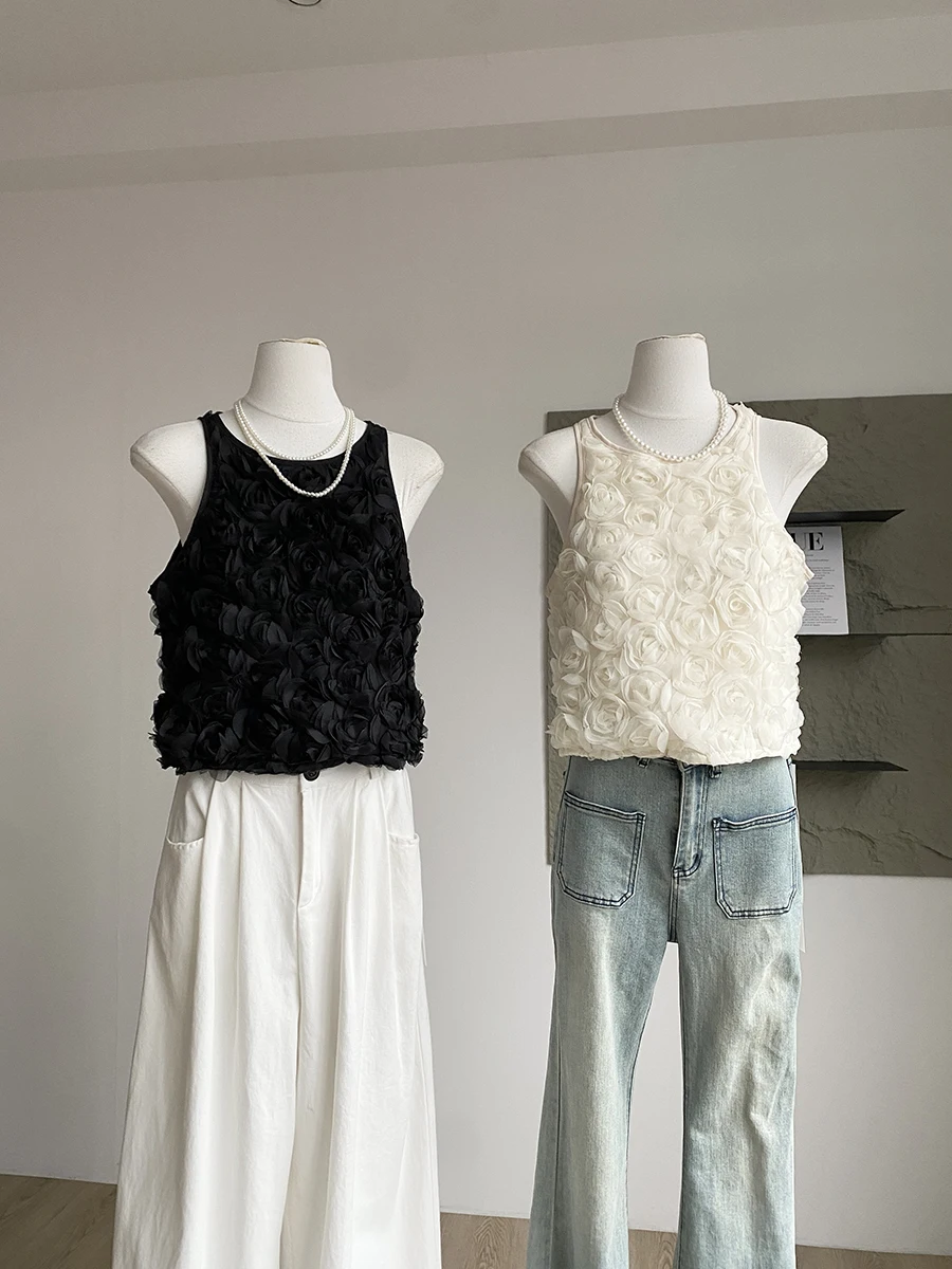 

Summer 2025 Women's Slimming Floral Vest Svel Design Sense Top Commute Sle ort Length Polyester Fiber Pure Color