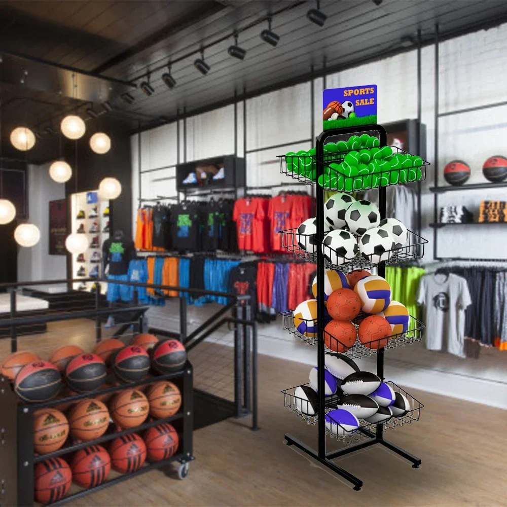 Customized 8 Metal Wire Basket Double Sided Sport Ball Floor Display Holder Rack 4 Tiers Ball Storage Stand