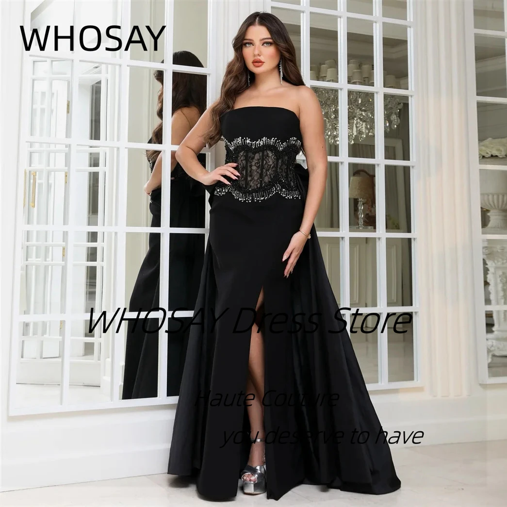 

WHOSAY Черные платья для выпускного вечера с разрезом по бокам 2025 Без бретелек с кружевной талией и бисером Специальные вечерние платья с бантом и шлейфом Vestidos по индивидуальному заказу