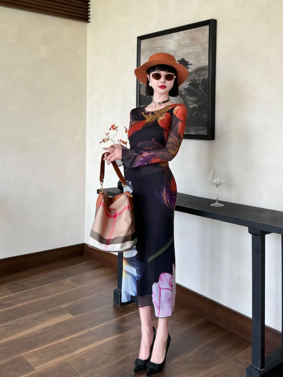 فساتين نسائية فستان موحد للخريف من الساتان واللؤلؤ مطوي ميدي مأدبة نمط فرنسي أنيق أنيق راقي رائع فني يومي #5