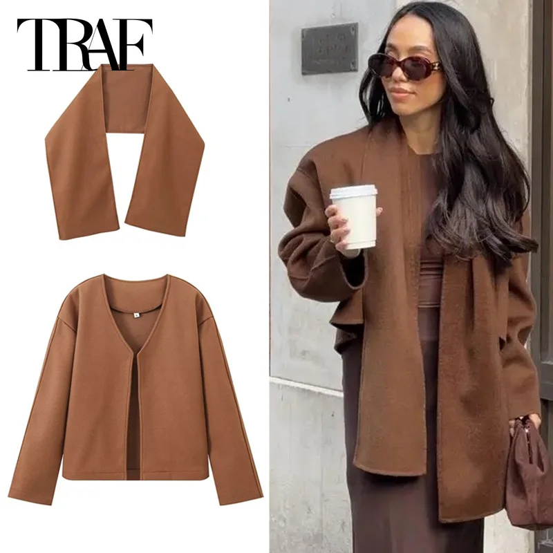 TRAF 2024 Women Cropped Jackets Wool&Blends Autumn Winter Scarf Short Jacket Outerwears Elegant Casual Brown Long Sleeve Coats