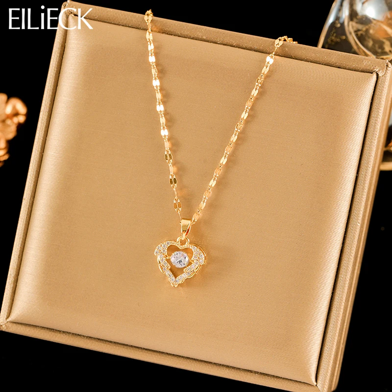 EILIECK 316L Stainless Steel Beating Heart Love Zircon Pendant Necklace For Women New Fashion Neck Chain Jewelry Holiday Gifts