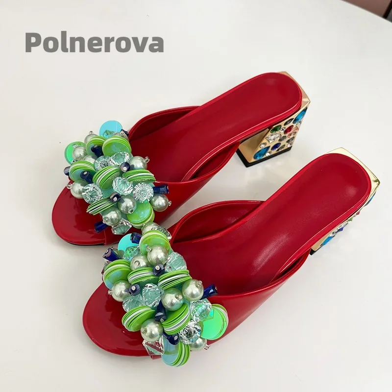 Rode Lakleer Slippers voor Vrouwen Boheemse Edelsteen Dikke Hakken Peep Toe Zomervakantie Schoenen Mode Runway Party Schoenen