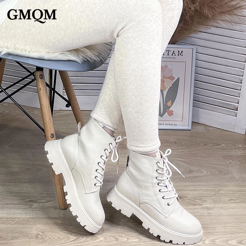 GMQM Genuine Leather Ankle Boots Fashion Women\'s New 2022 Platform Autumn Winter Big Size 42 Lace-up Low Heel British Style Warm