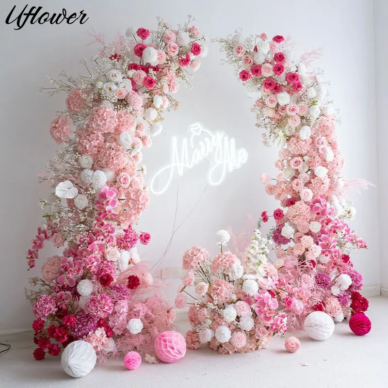 

Uflower Luxury Romantic Peach Pink Hydrangea Rose Orchid Wedding Floral Arrangement Horn Arch Frame Decor Stage Flower Row Prop