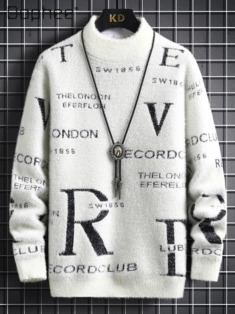 

Осень-зима, мужской белый, серый норковый бархатный пуловер, свитер, теплый, мягкий, удобный черный, синий, с буквенным принтом, внутренний слой, свитер