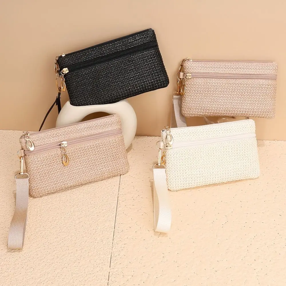 

Durable Straw Wallet Mini Double Zipper Handbag Money Bag for Lady Women Girls