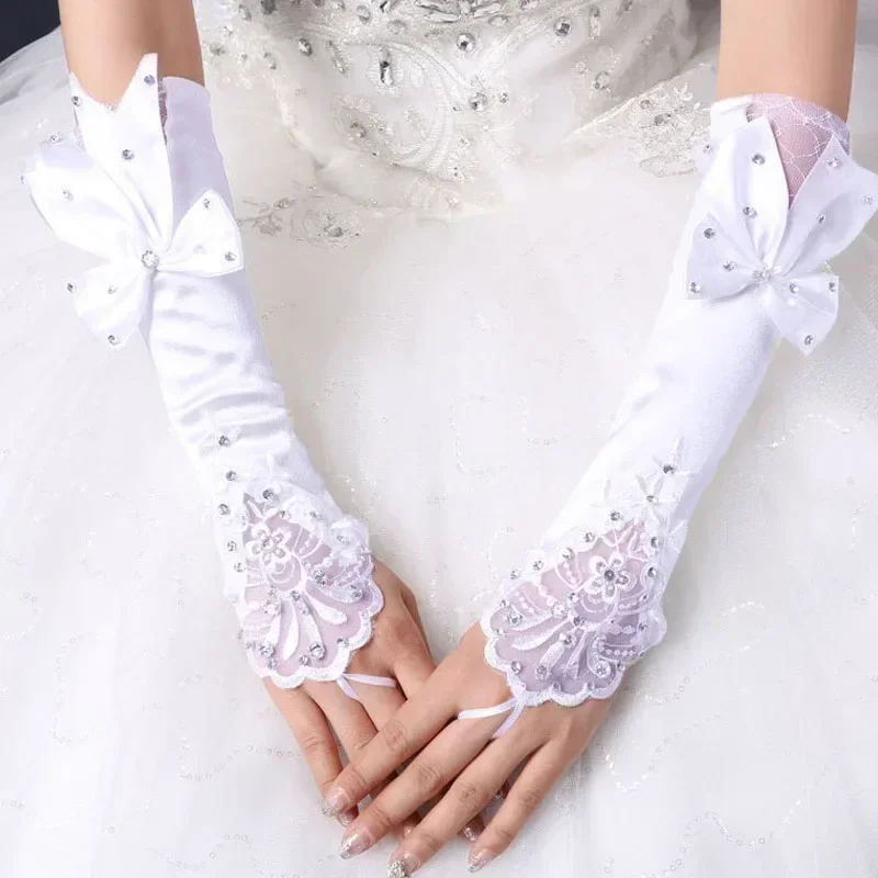 Finger Floret Bow Tie Diamond Gloves Bride Wedding Wedding Dress Hand Sleeves Long Satin Lace Stick Diamond Gloves