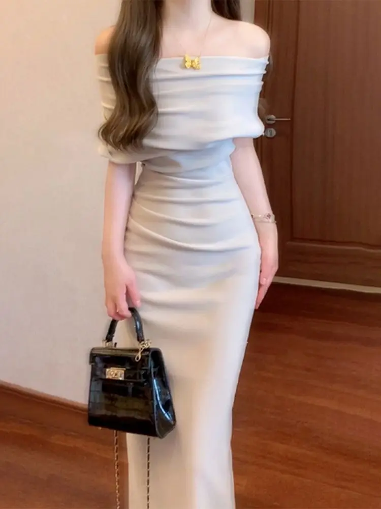 Vestidos franceses con cuello oscilante para mujer, Vestidos elegantes con hombros inclinados irregulares de cintura alta y temperamento, Vestidos ceñidos para mujer