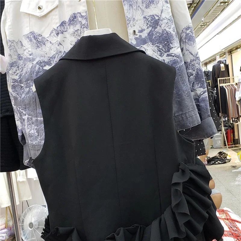 

Spring Autumn Korean Fashion Irregular Layered Ruffles Design Loose Short Black Blazers Vest Women Ruched Casual Suit Waistcoat