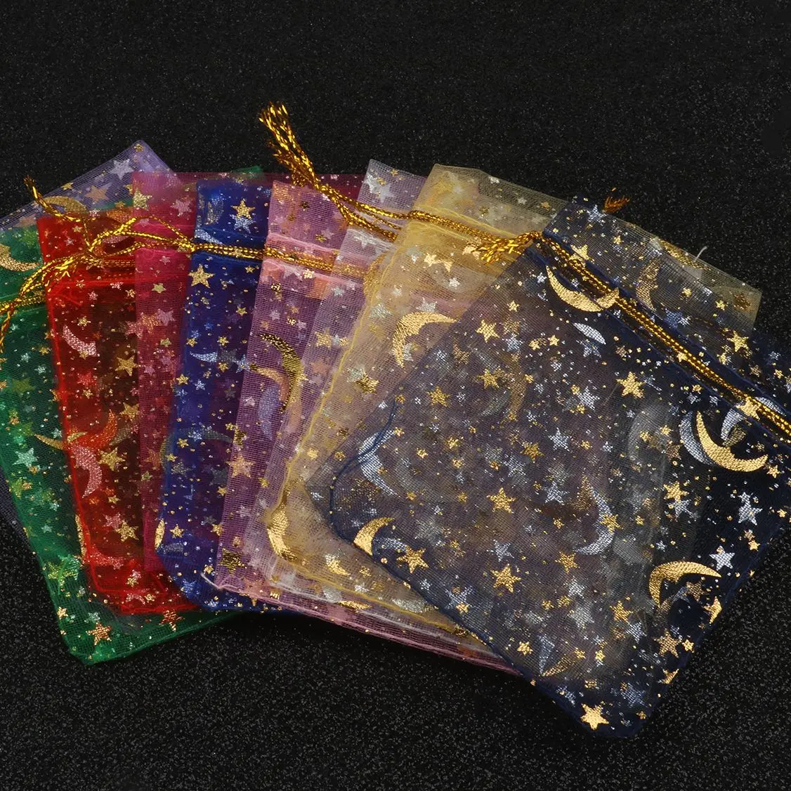 50pcs/lot Jewelry Packaging Moon Star Drawstring Organza Bags Party Goodie Packing Bags Wedding Candy Gifts Pouches Wholesale