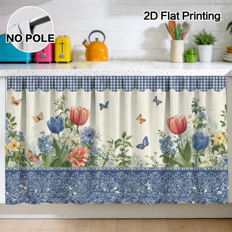 Spring Tulip And Butterfly Flowers, Kitchen Sink, Cabinet Decoration, Curtains, Easy To Clean, Shading Curtains