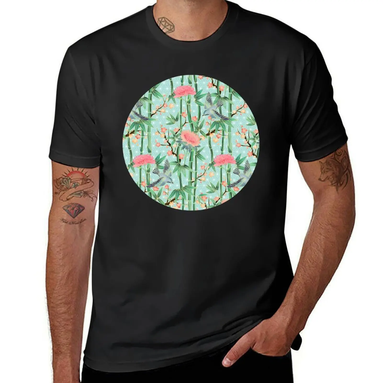 

Bamboo, Birds and Blossom - soft blue green T-Shirt custom t-shirts vintage anime shirt Aesthetic clothing men graphic t shirts