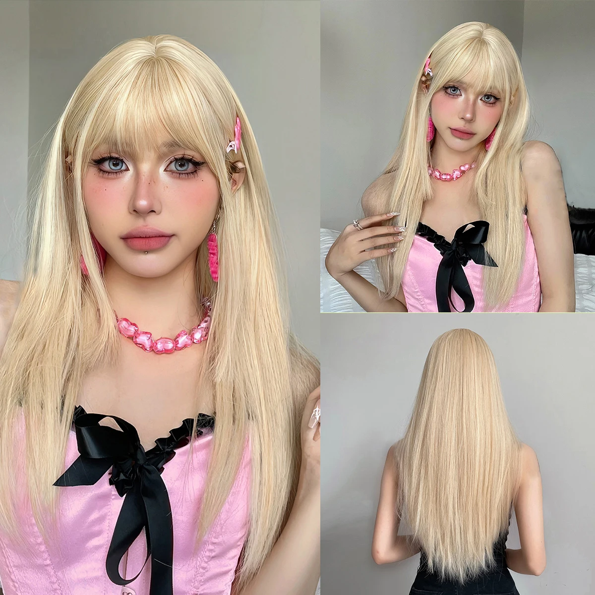 Gelbe blonde synthetische Perücke mit Pony für weiße Frauen beige lange gerade Perücken Cosplay Lolita Kunst haar hitze beständig natürlich