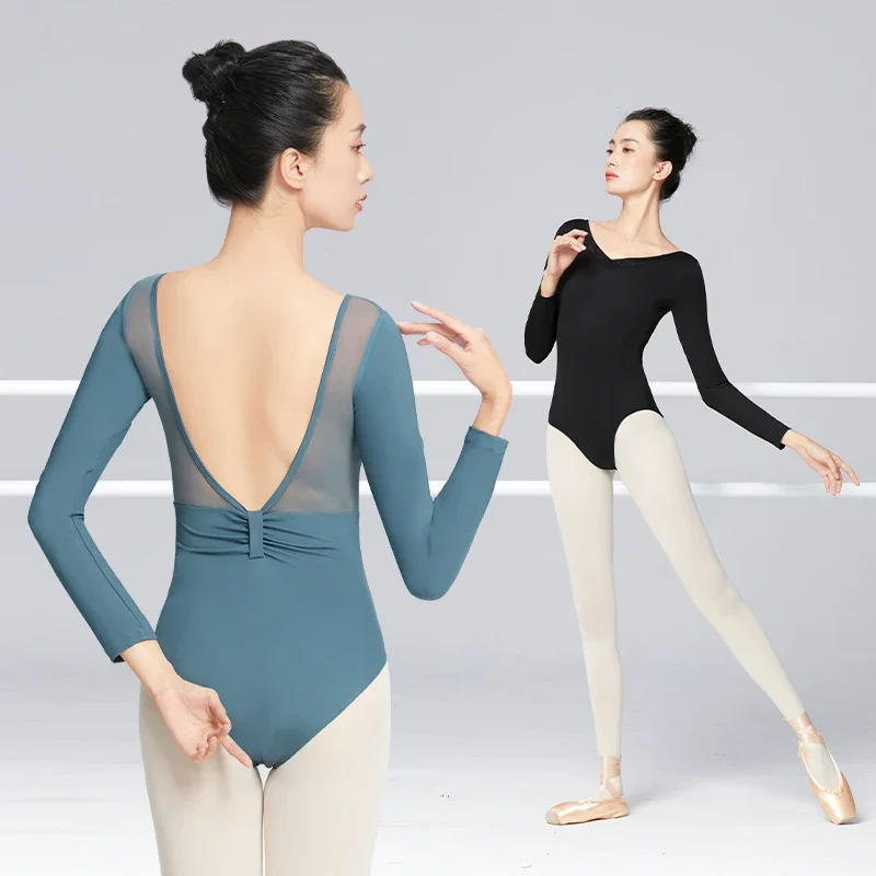 Ballet Leotards for Women Adult Cross V-neck Ballerina Dance Gymnastics Leotards Nylon Mesh Backless Bodysuits With Inner Lining