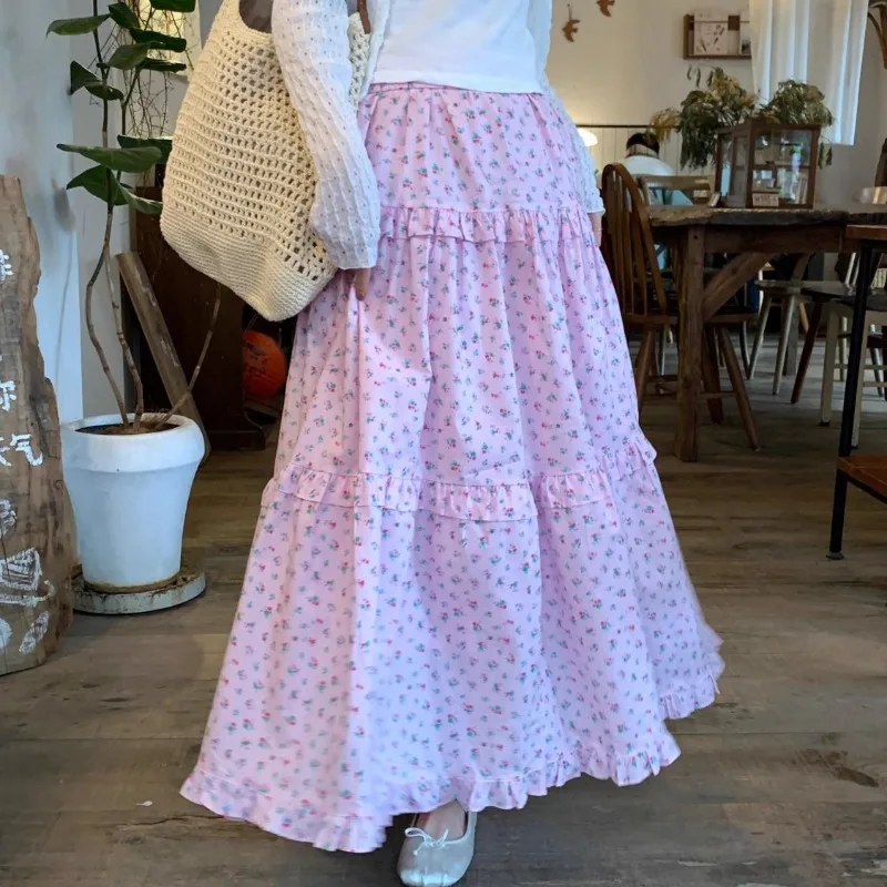 Ezgaga Women Skirts Stretch High Waist Floral Printed Vintage Elegant French Style Chic Long Sleeve Long Skirt Female Casual