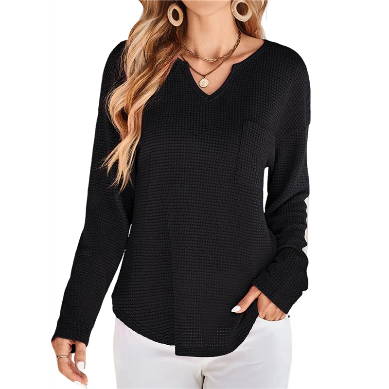 ASDS-dames tops wafelgebreid lange mouwen gekerfde V-hals shirts casual trendy effen kleur losse blouses