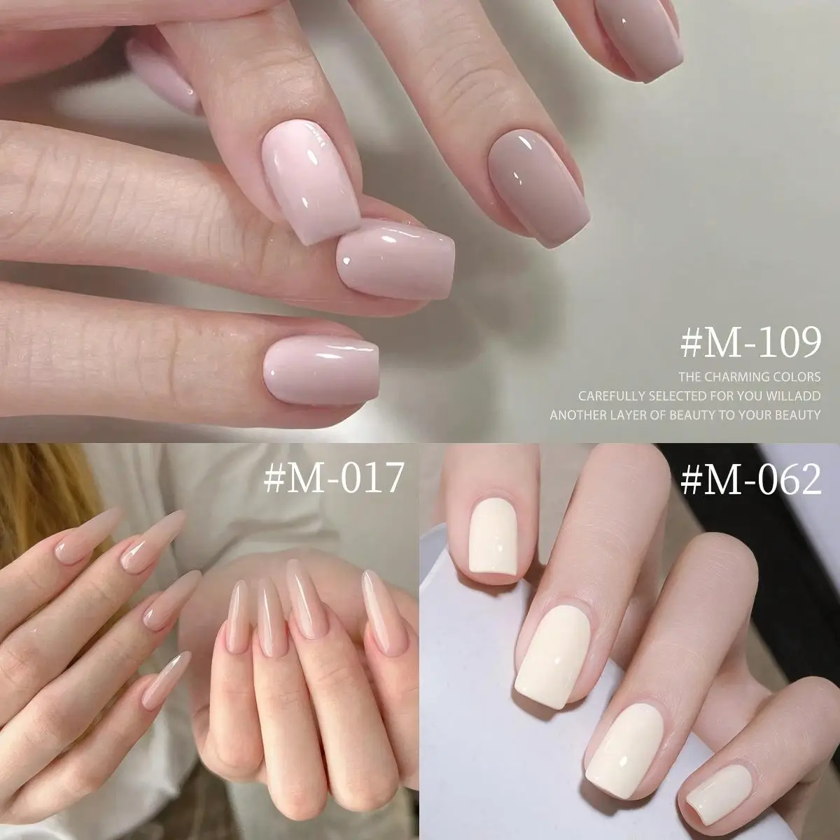 Zestaw 6 lakierów hybrydowych UV/LED w odcieniach nude i beżu, długotrwałe żele do manicure typu soak off, idealne do eleganckiego manicure francuskiego i ombre.