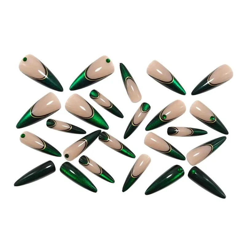 24 قطعة عين القطة الخضراء الأظافر كاذبة خنجر فريد تصميم فرنسي أظافر وهمية حلوة كول انفصال اضغط على الأظافر التوابل الفتيات اللوز