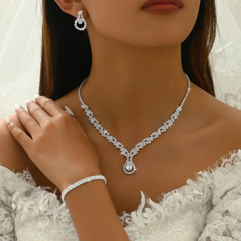

European and American Fashion Bare Diamond Zircon Necklace Earrings Bracelet Women's Set Amazon Hot-Selling Super Sparkling Full