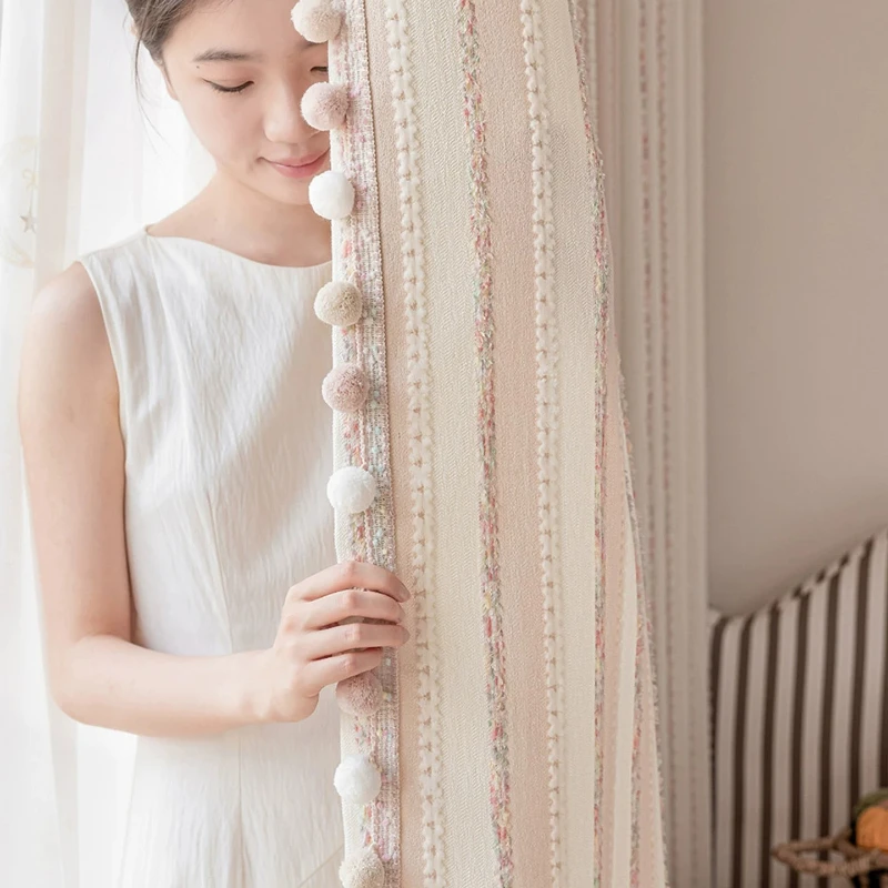 Creamy Strawberry Pink and White Striped Jacquard Blackout Curtains for A Girl's Room in A Princess Style Custom Size Decoration