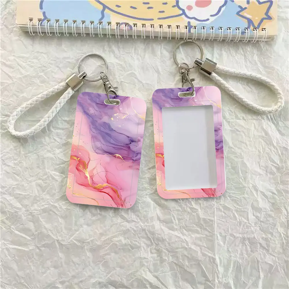 Colorful Marble Pattern Print ID Card Holder with Braided Leather Lanyard Bus Pass Work Badge Bank Card Protector Cover Keychain