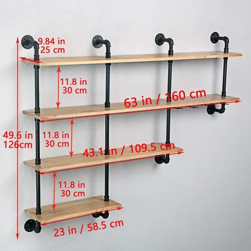 4-Tiers 63inch Industrial Pipe Shelving,Rustic Wooden&Metal Floating Shelves,Home Decor Shelves Wall Mount