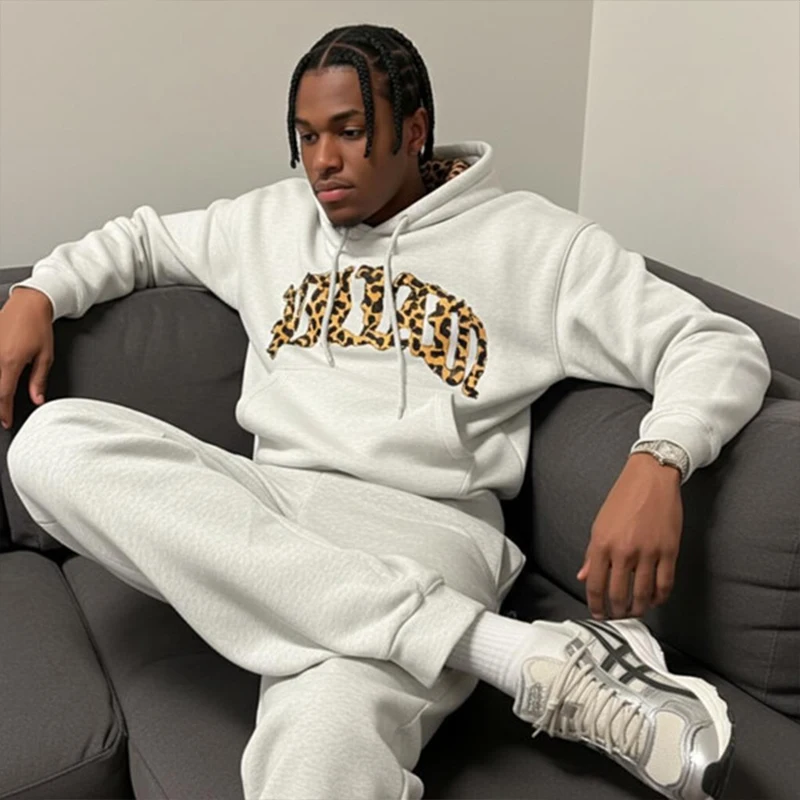 

Men Hoodie Retro Harajuku Street Sports Set Leopard Print Letter Embroidery American Hip-hop Fashion Casual Sweatshirt Pants ﻿﻿