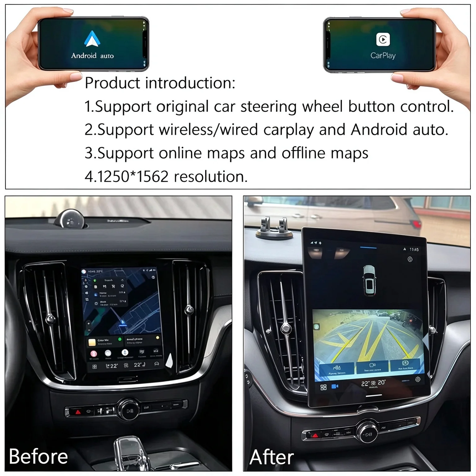 For 12.1 inch Volvo XC40/XC60/XC90/S60/S90/V60/V90 CarPlay Android Radio Smart Screen with GPS Smart Features Multimedia Player