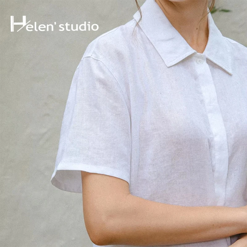 

Original Casual 100% Linen Women's Blouses And Shirts Loose Turn-Down Collar Button Shirts For Ladies Blouse