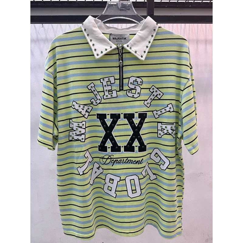 Y2K Streetwear Oversized Half-Zip Poloshirts für Männer, Bunter Glänzender Diamant-Graffiti-Druck, Locker Sitzend, Hip-Hop Casual T-Shirt – Detail 5