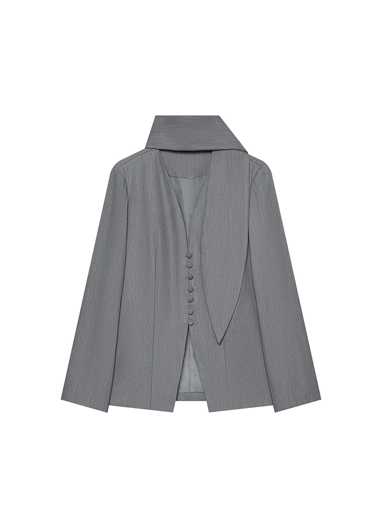 TFMLN Women's Single Breasted Suit Coat V Neck Long Sleeve Waist-Cinching Blazer With Scarf Lady Casual Slim Commute Coats