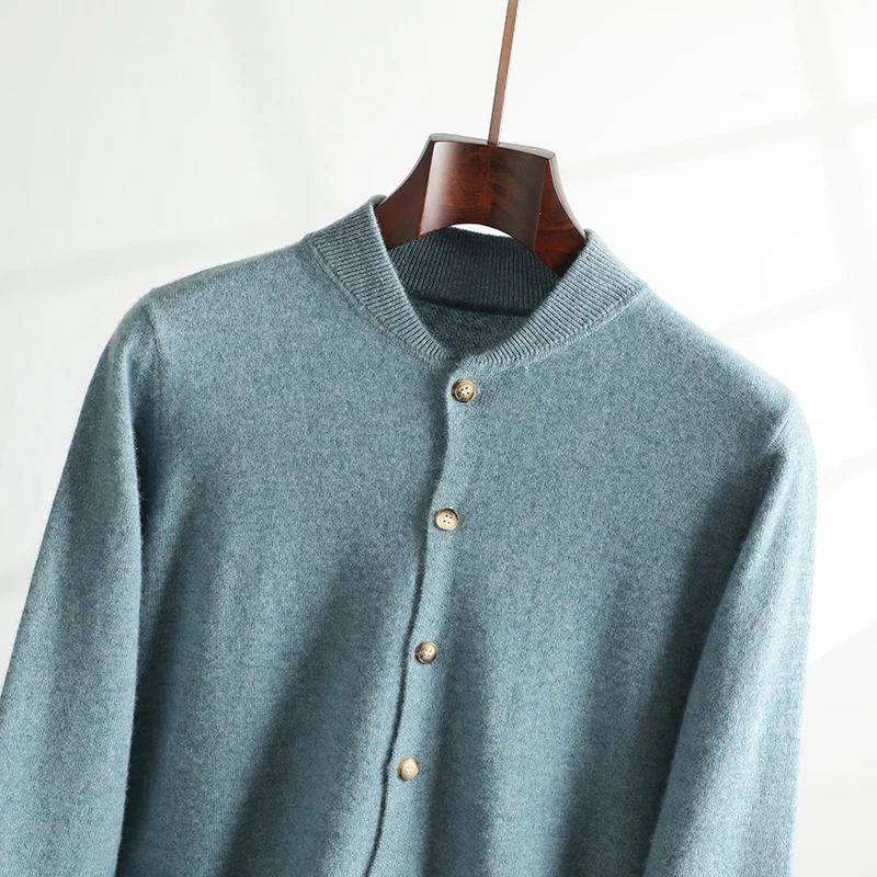 Men's Shawl Collar Autumn Winter 100% Pure Cashmere Knitted Cardigan Green Apple Leaf Design Warm Comfortable Open Front Sweater