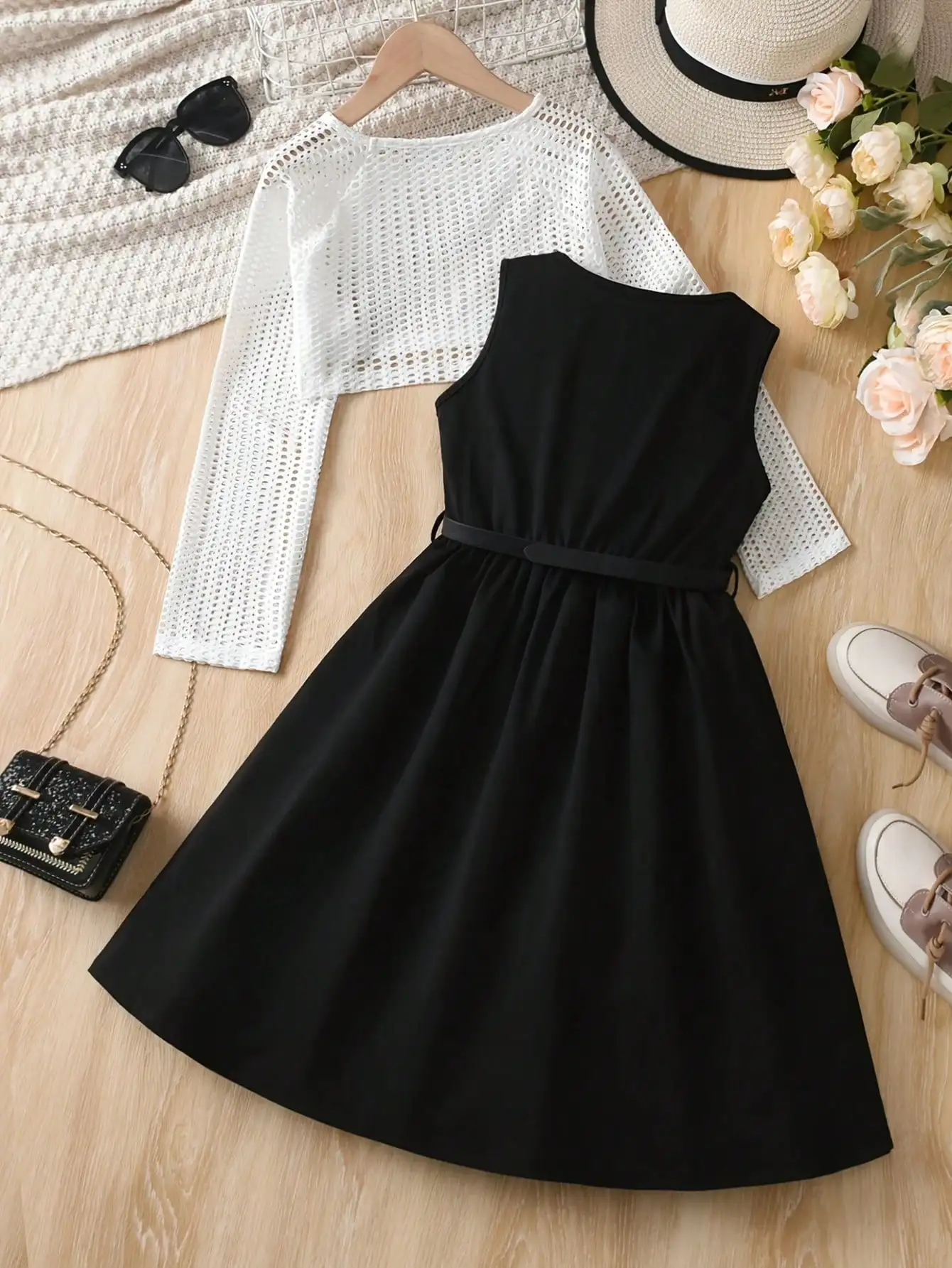 Children's Clothing Set with Hollowed Out Round Neck Long Sleeved Top + Round Neck Sleeveless Dress, Mid Length Skirt Set