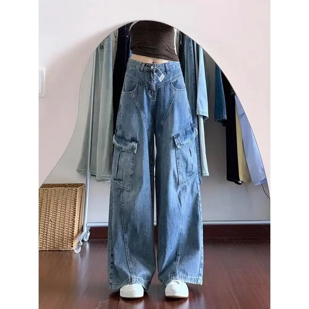 

Американская рабочая одежда в стиле ретро, джинсы, женские свободные прямые брюки с несколькими карманами и высокой талией, разделенные брюки, модные летние джинсовые брюки