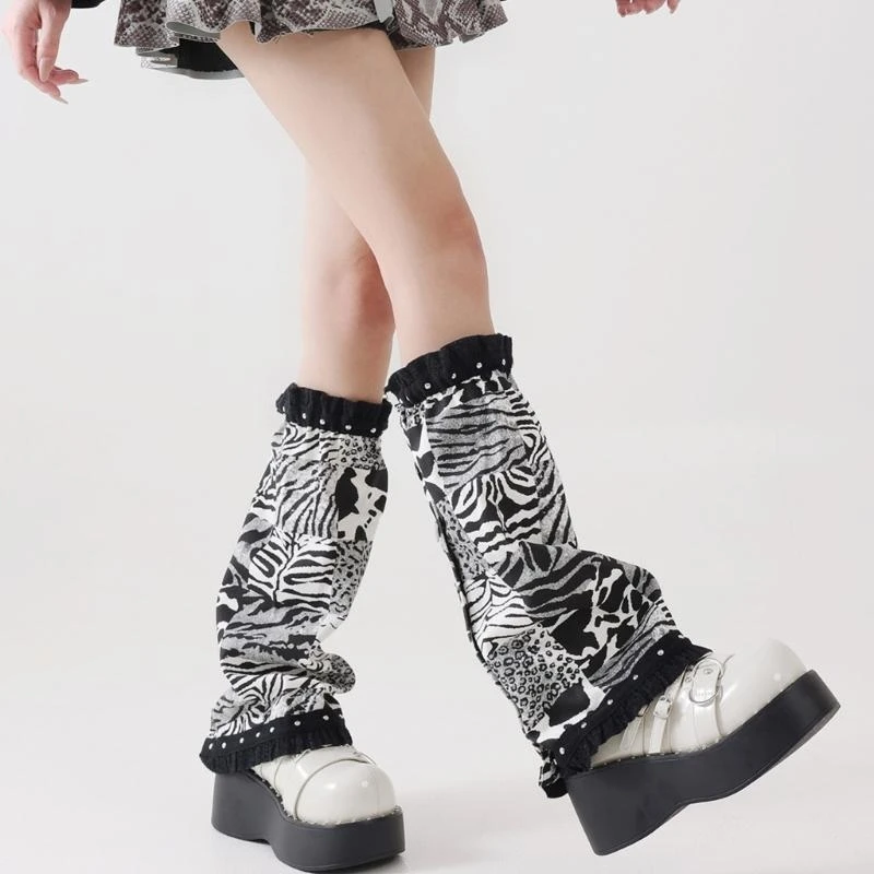 

Лоскутные джинсовые гетры с леопардовым принтом для женщин, эластичные расклешенные бахилы в стиле панк, длинные носки, уличная
