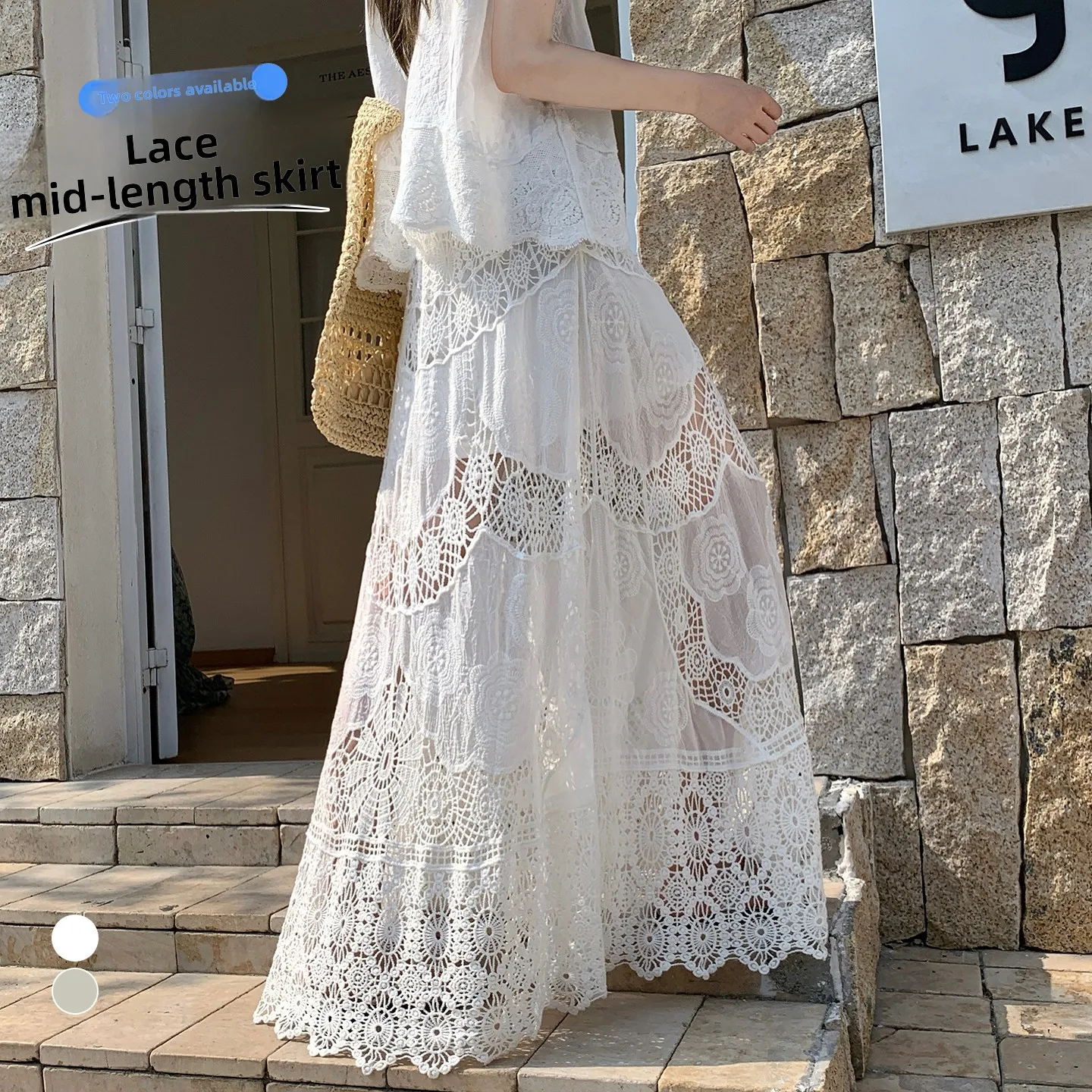 Bohemian Lace Trim Hook Flower Hollow out Half Skirt Women's Summer Fairylike Heavy Embroidery Long Skirt High Waist Cake Ski...