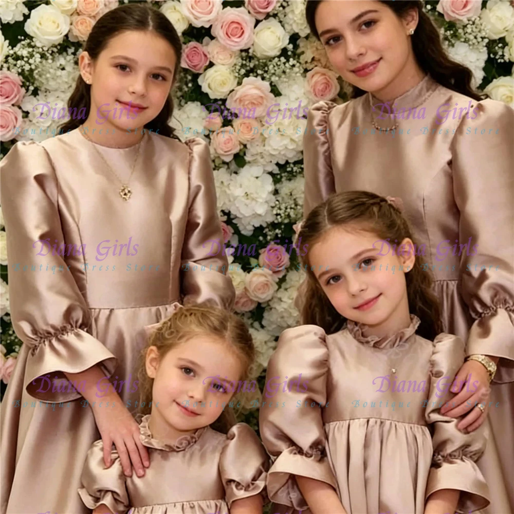 Elegant Flower Girl Dress Quality Champagne Satin A-Line Fluffy with Exquisite Applique for Kids Birthday Party Evening Gowns
