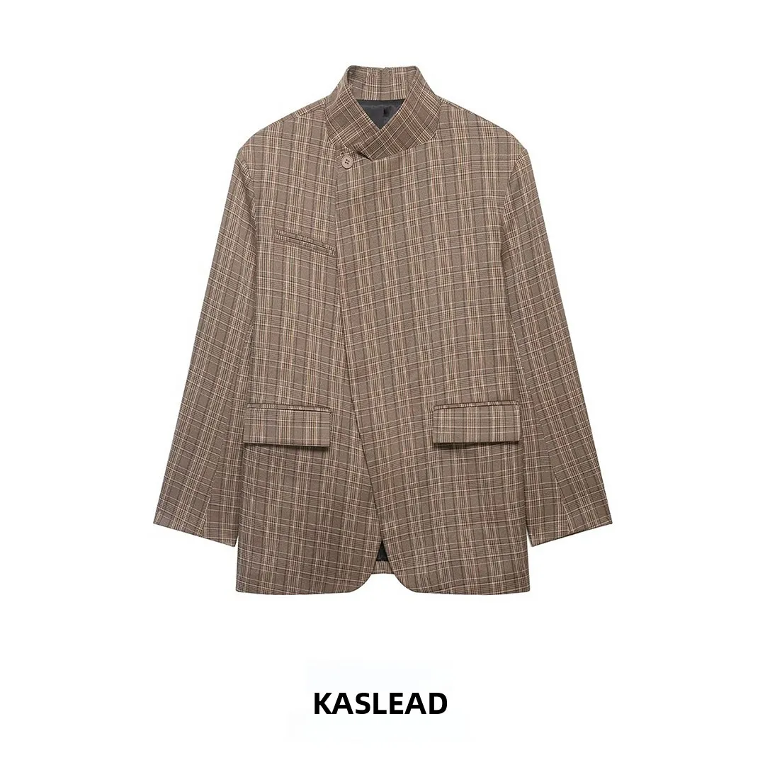 

KASLEAD New Fashionable Simple Casual Plaid Suit Jacket Women's Street Style Long Sleeve Button up Polyester Fiber