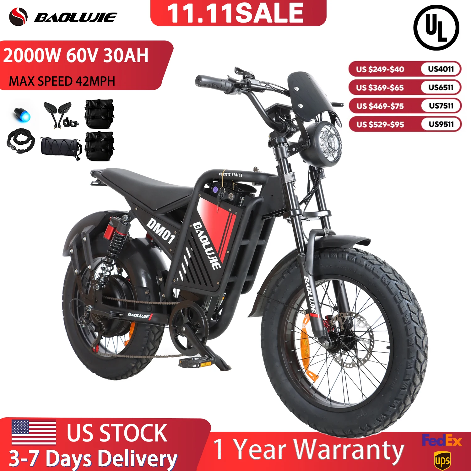 

Electric Bike 60V 30AH Battery Max Speed 42 MPH Electric Motorcycle 20*4.0 Inch Fat Tire E Bike Off-Road E-Bike Electric Bicycle