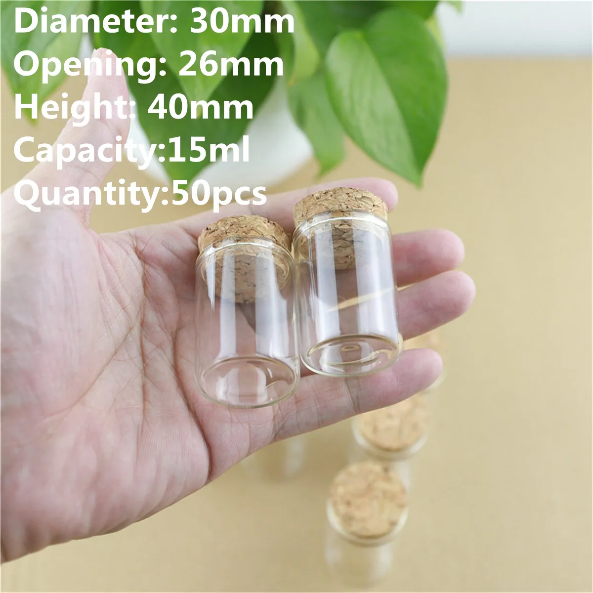 50 pcs/lot 26*30*40mm 15ml Cork Stopper Glass Bottle Wedding Decoration Bottle Container Glass Jars Vials DIY Craft Mini tube